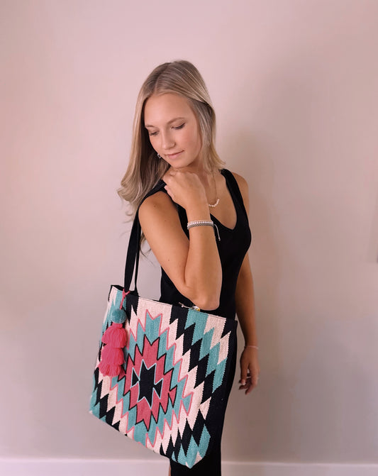Teal and Pink Aztec Tote