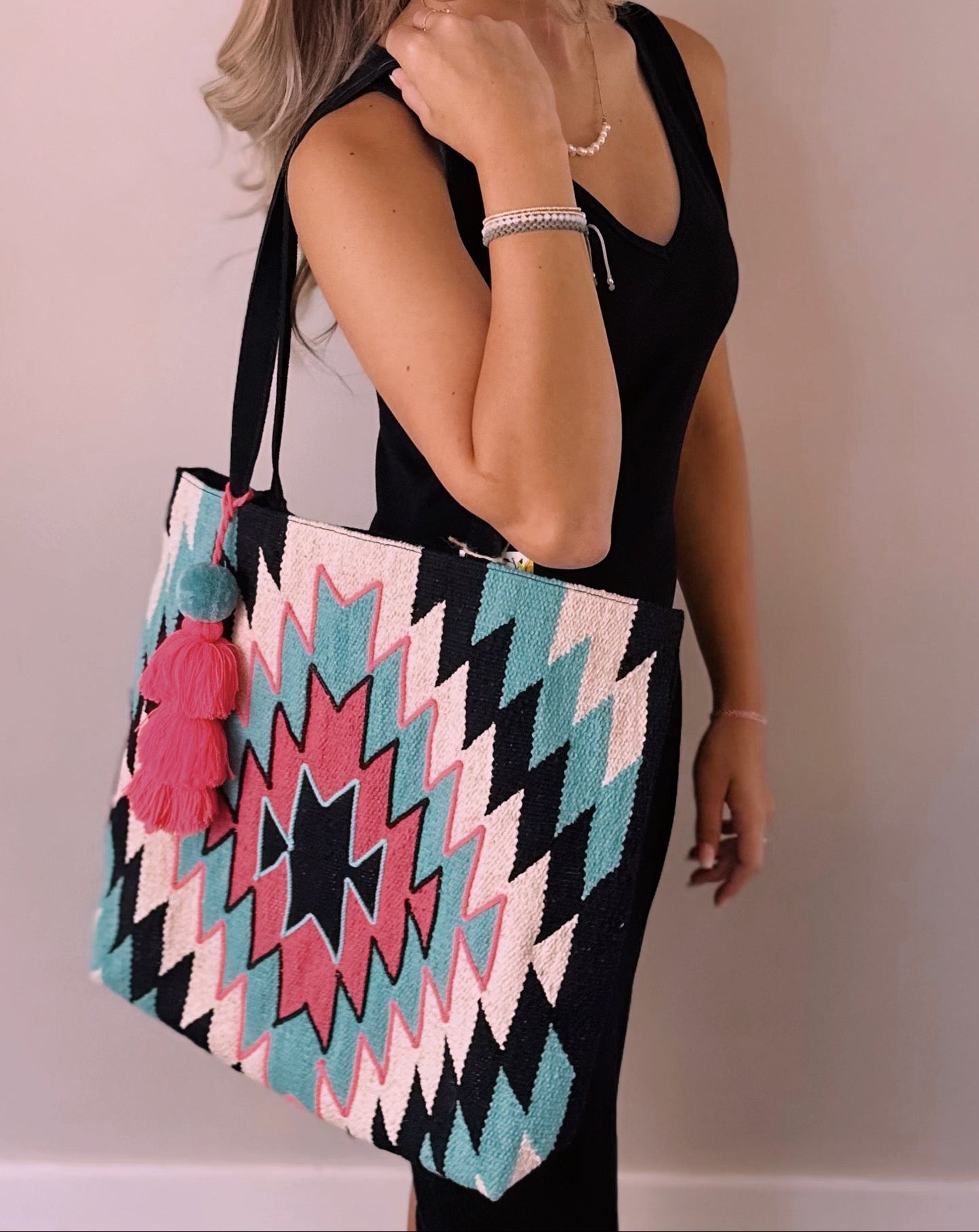 Teal and Pink Aztec Tote