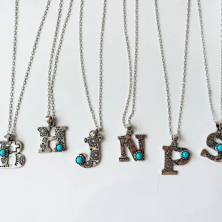 Initial Stamped Turquoise Pendant Necklace.