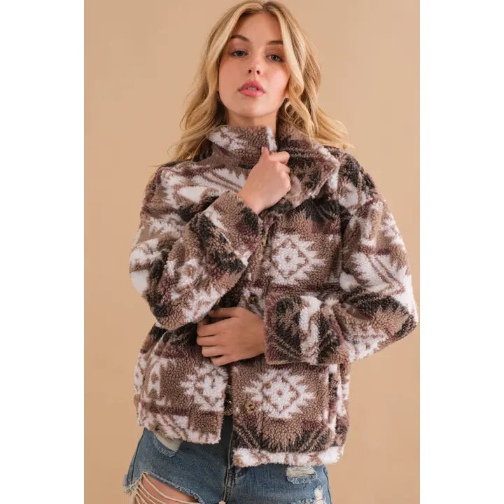 Aztec Printed Mock Neck Button Front Jacket
