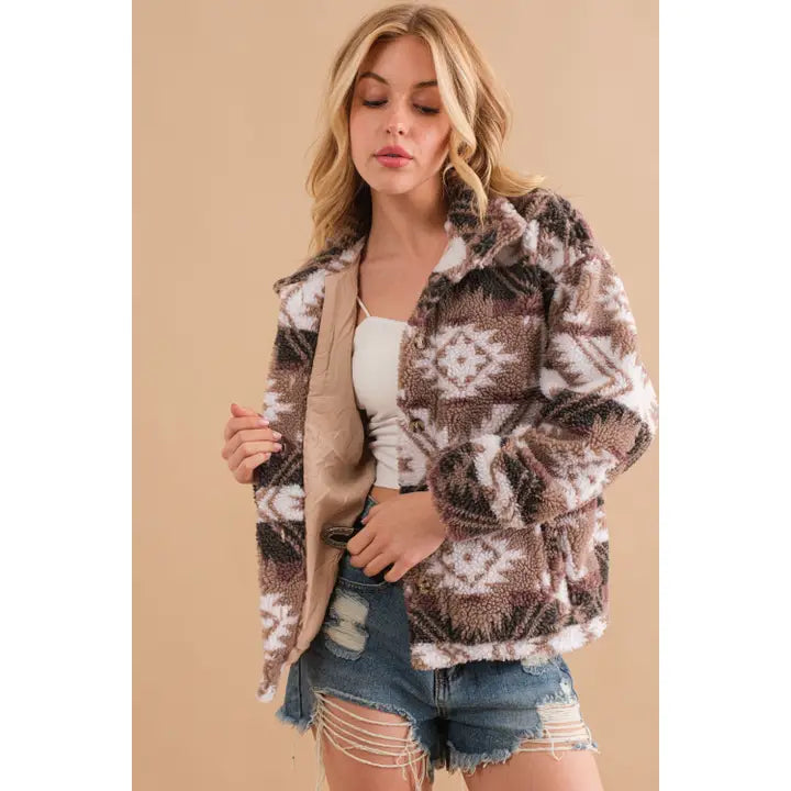 Aztec Printed Mock Neck Button Front Jacket