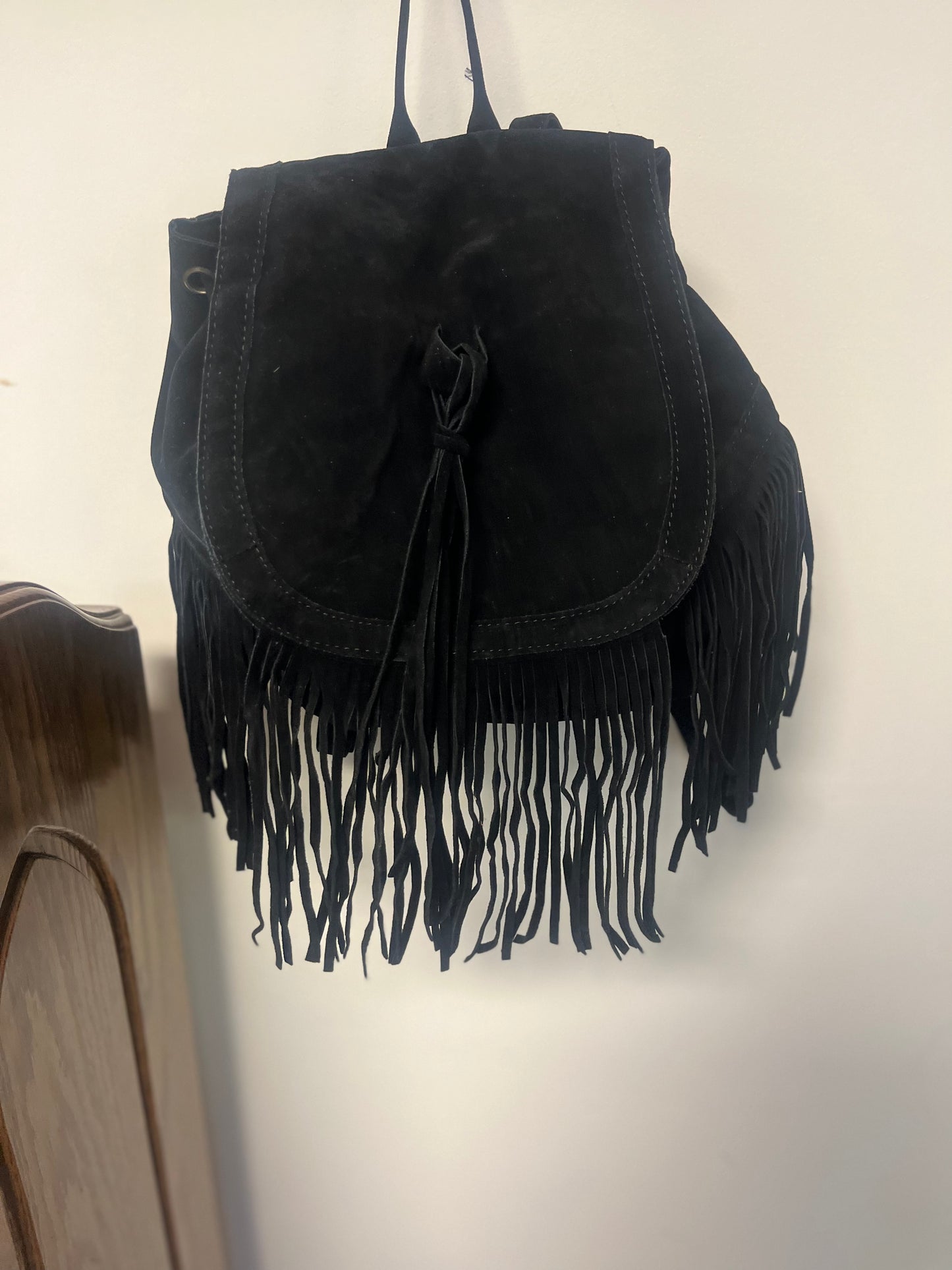 Black Faux Suede Fringe Backpack