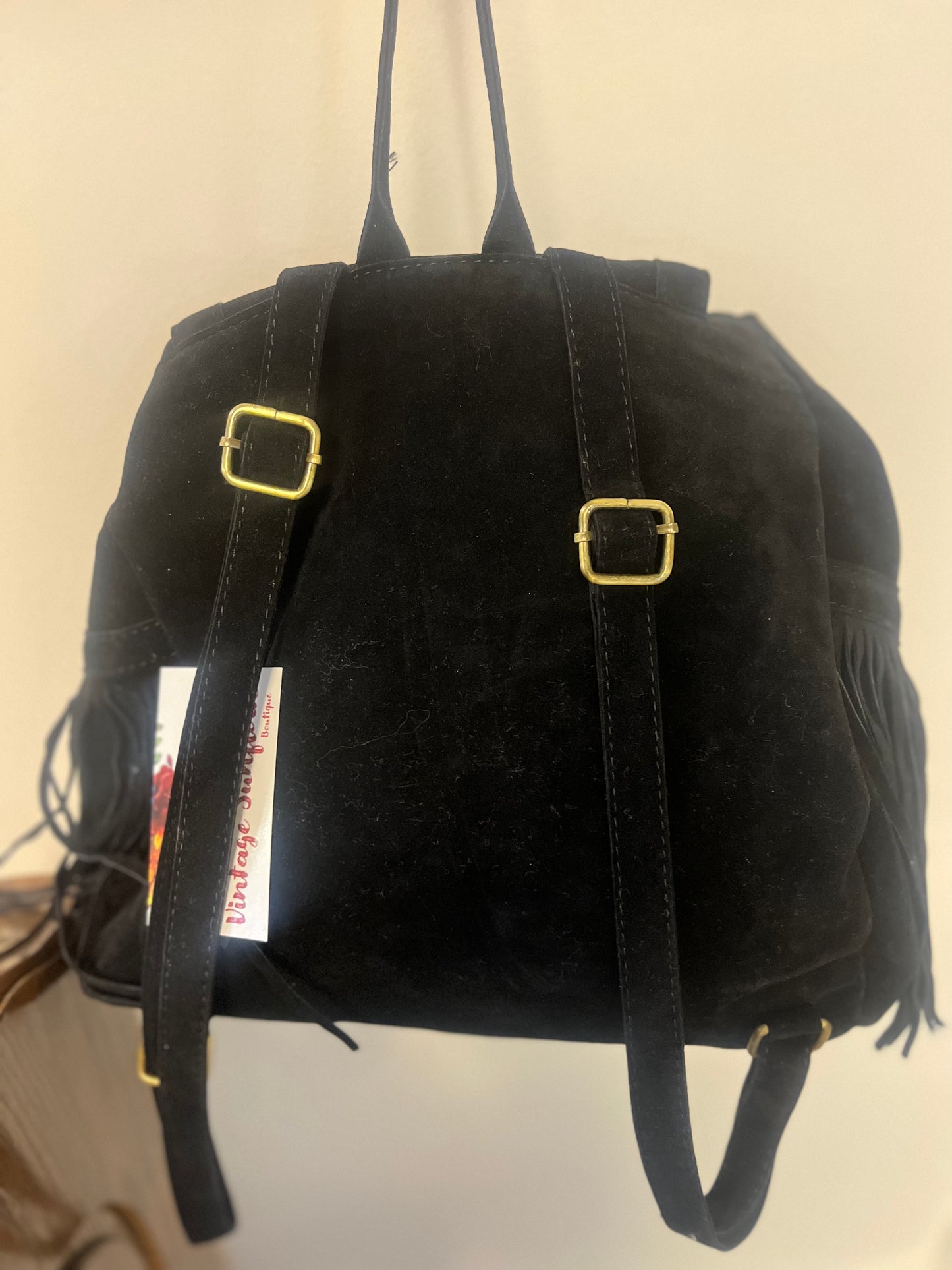 Black Faux Suede Fringe Backpack
