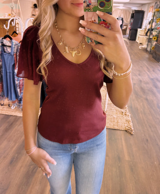 Ruffle Sleeve Maroon Blouse