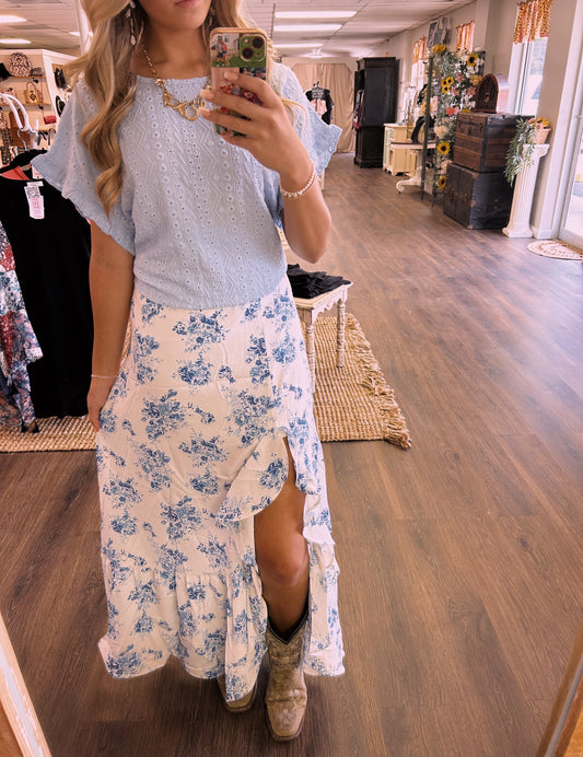 Blue Floral Skirt with Ruffle Slit