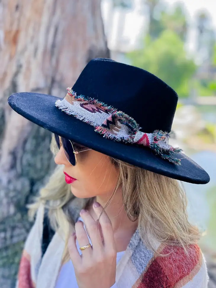 Black Fedora Hat with Aztec Ribbon