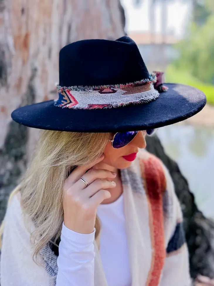Black Fedora Hat with Aztec Ribbon