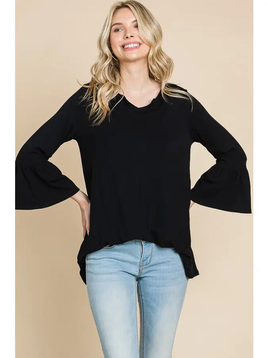 Notched Neck A-Line Black Solid Top