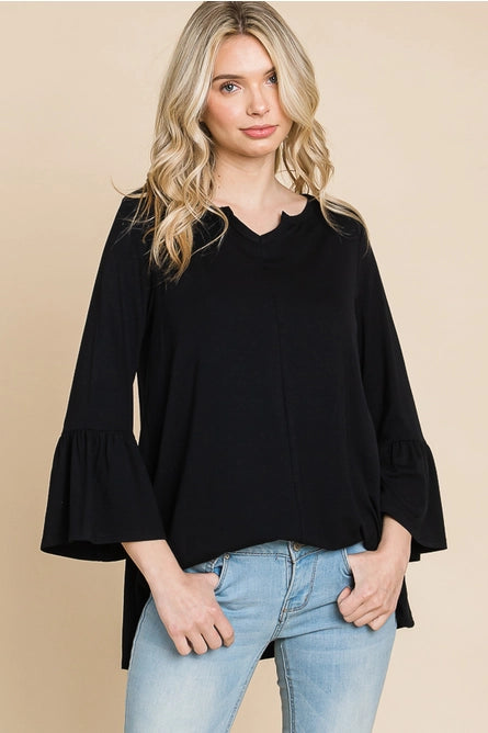 Notched Neck A-Line Black Solid Top
