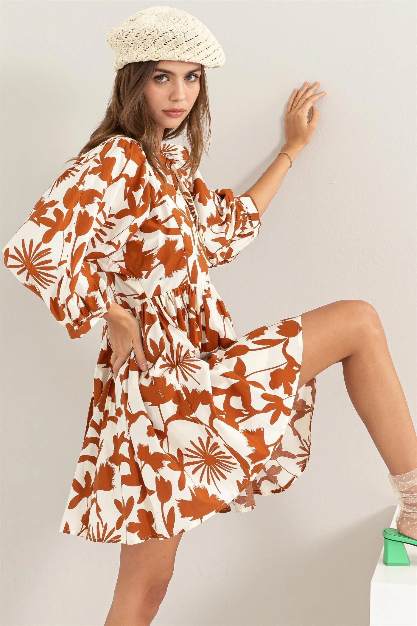 Brown Floral Print Dress