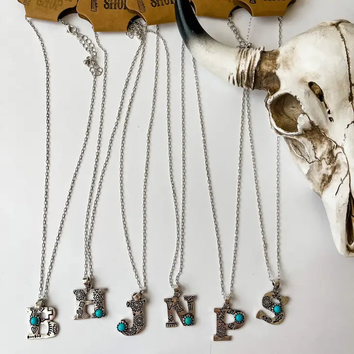 Initial Stamped Turquoise Pendant Necklace.