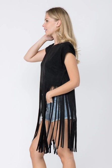 Suede Short Sleeve Long Fringed Top