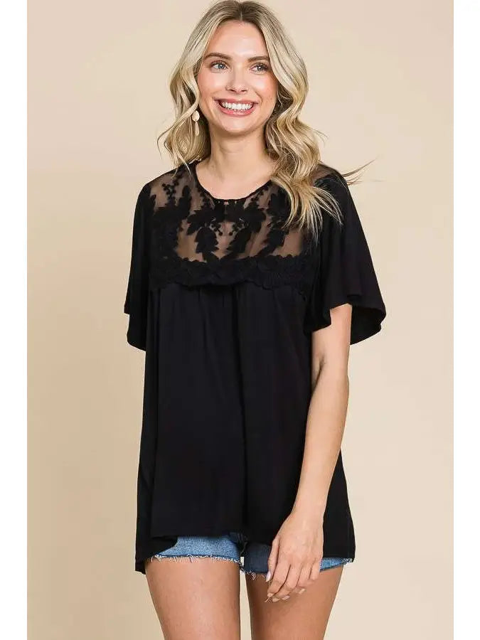 Lace Embroidery Neck Trim Solid Top *2 Colors*