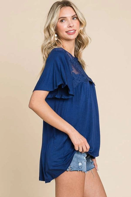 Lace Embroidery Neck Trim Solid Top *2 Colors*