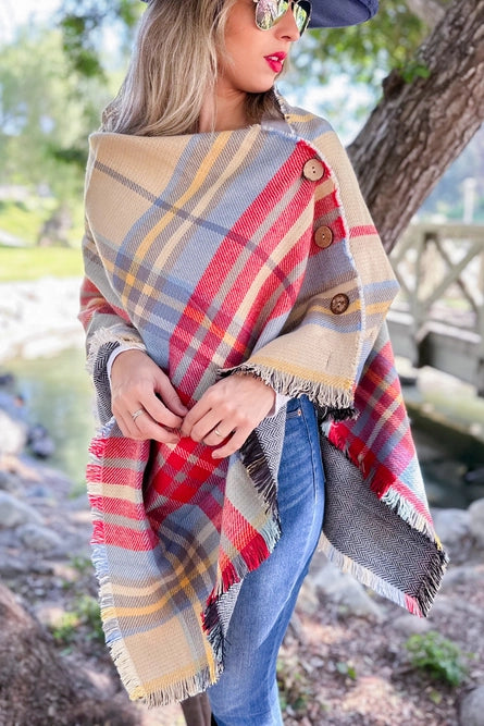 Beige Plaid Printed Shawl Scarf Poncho with Button Details