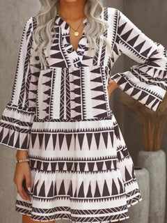 Geometric Print V neck Ruffle Swing Mini Dress