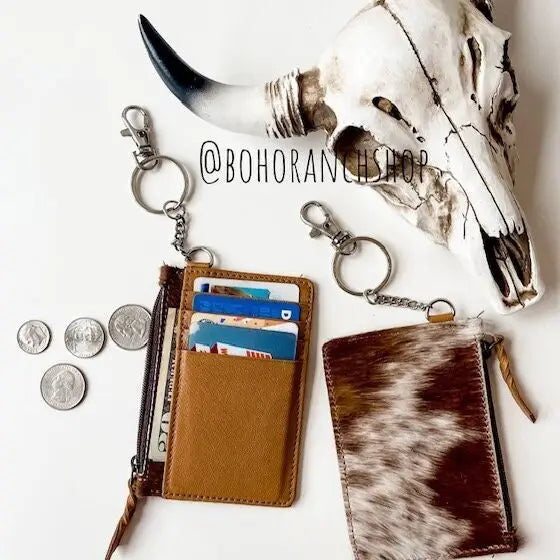 Key Chain Cowhide Wallet- BROWN/WHITE