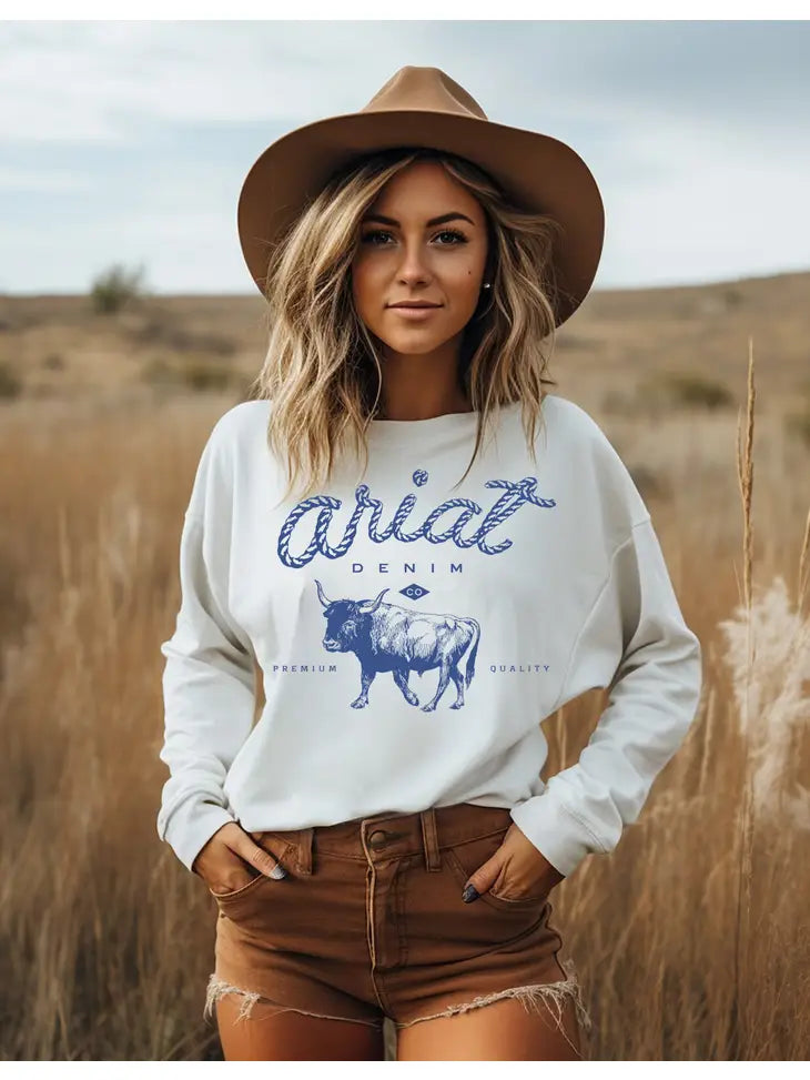 Roping Rodeo Western Bull Sweatshirt Denim Font