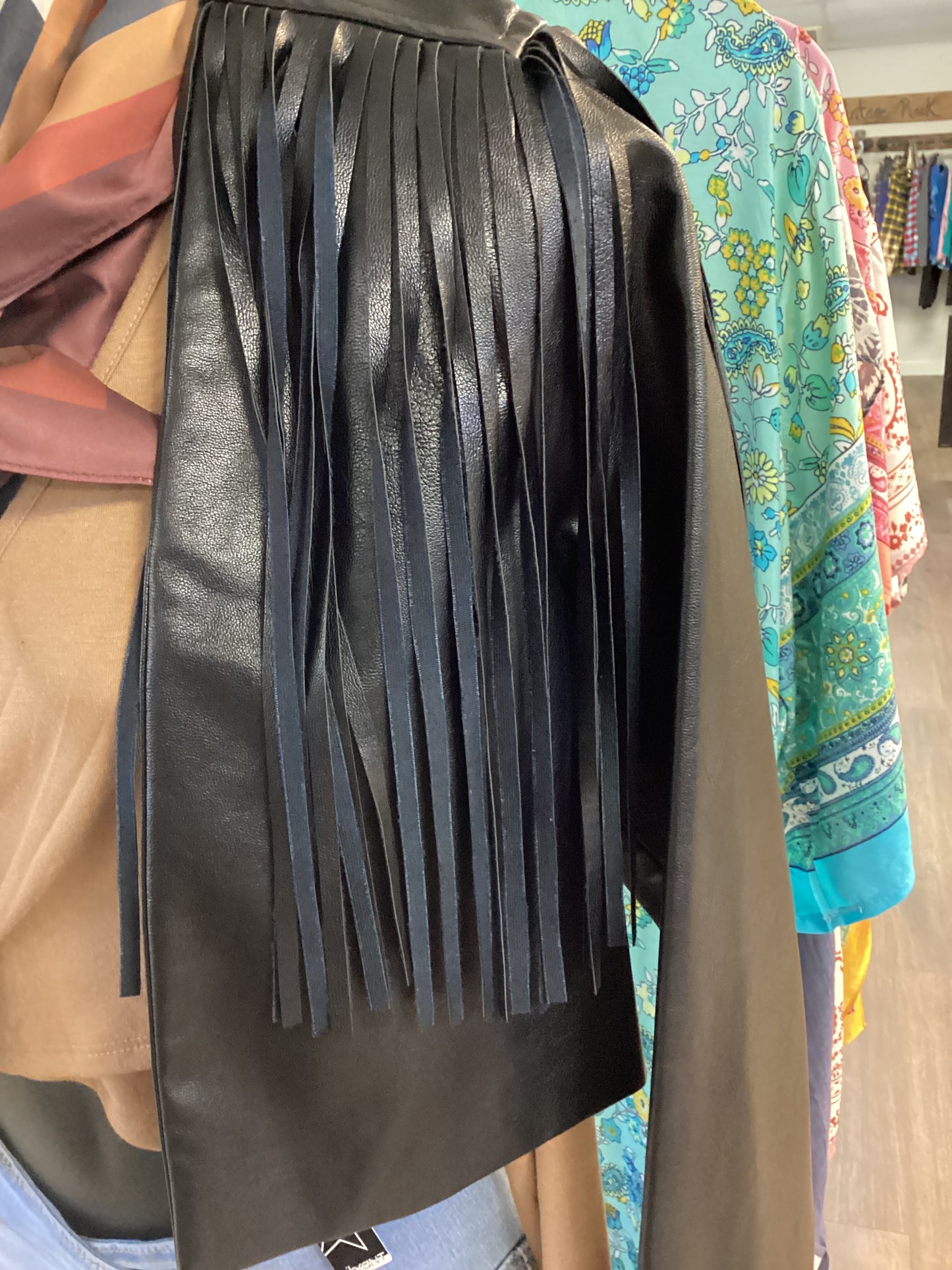 Le Lis Black Fringe faux Leather Jacket