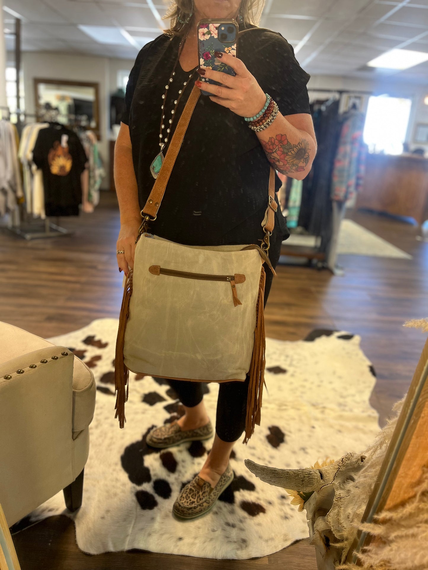 Aztec Colored Canvas and Cowhide Bag