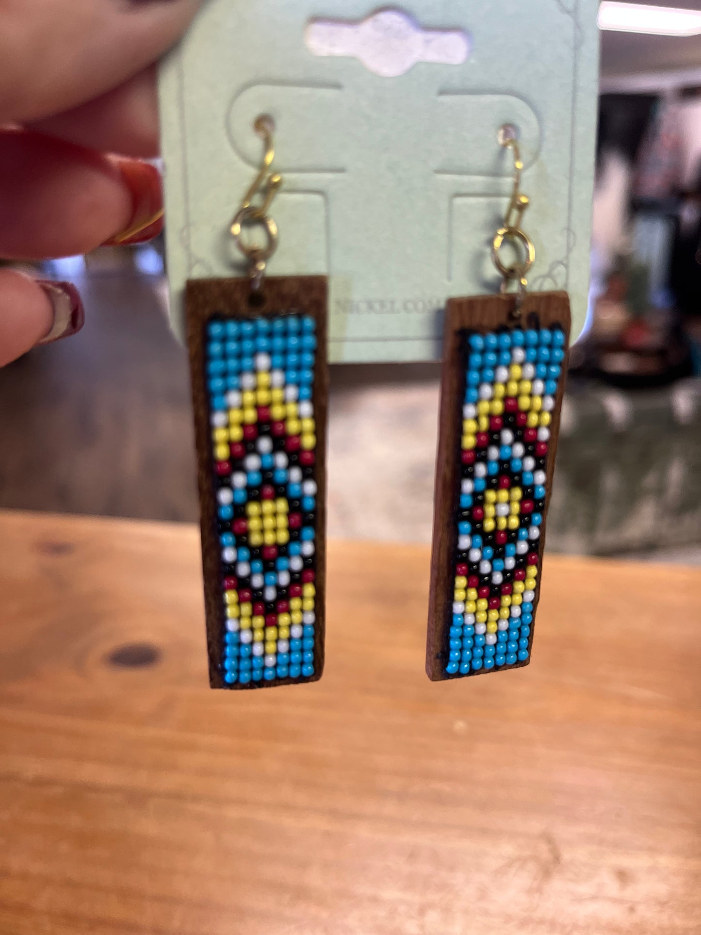 Aztec Seed Bead Wooden Earrings