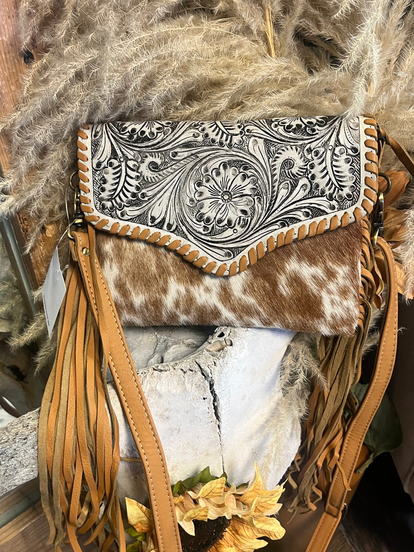 Tooled Leather Cowhide Wristlet