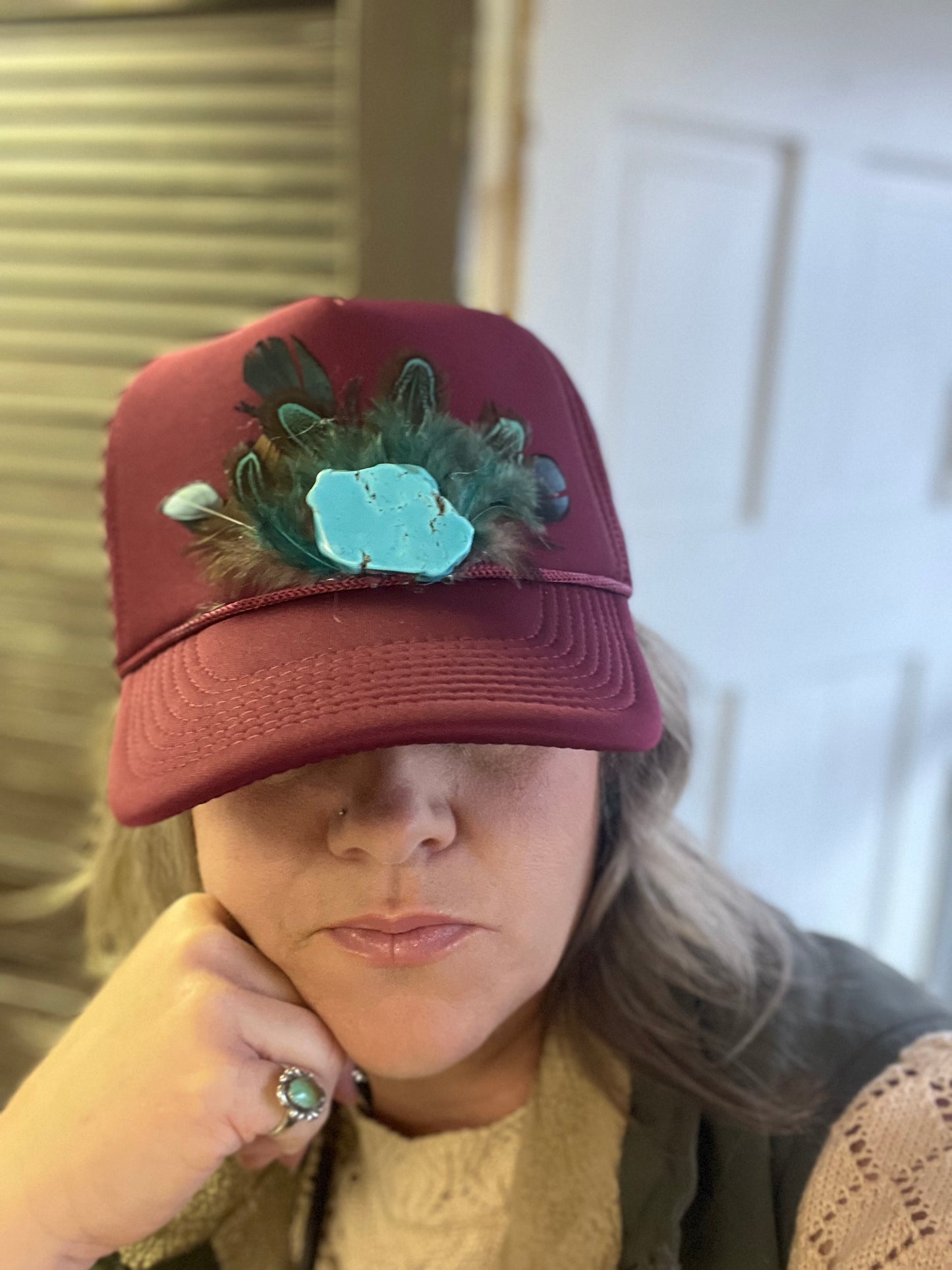 Burgundy Trucker Cap with Turquoise
