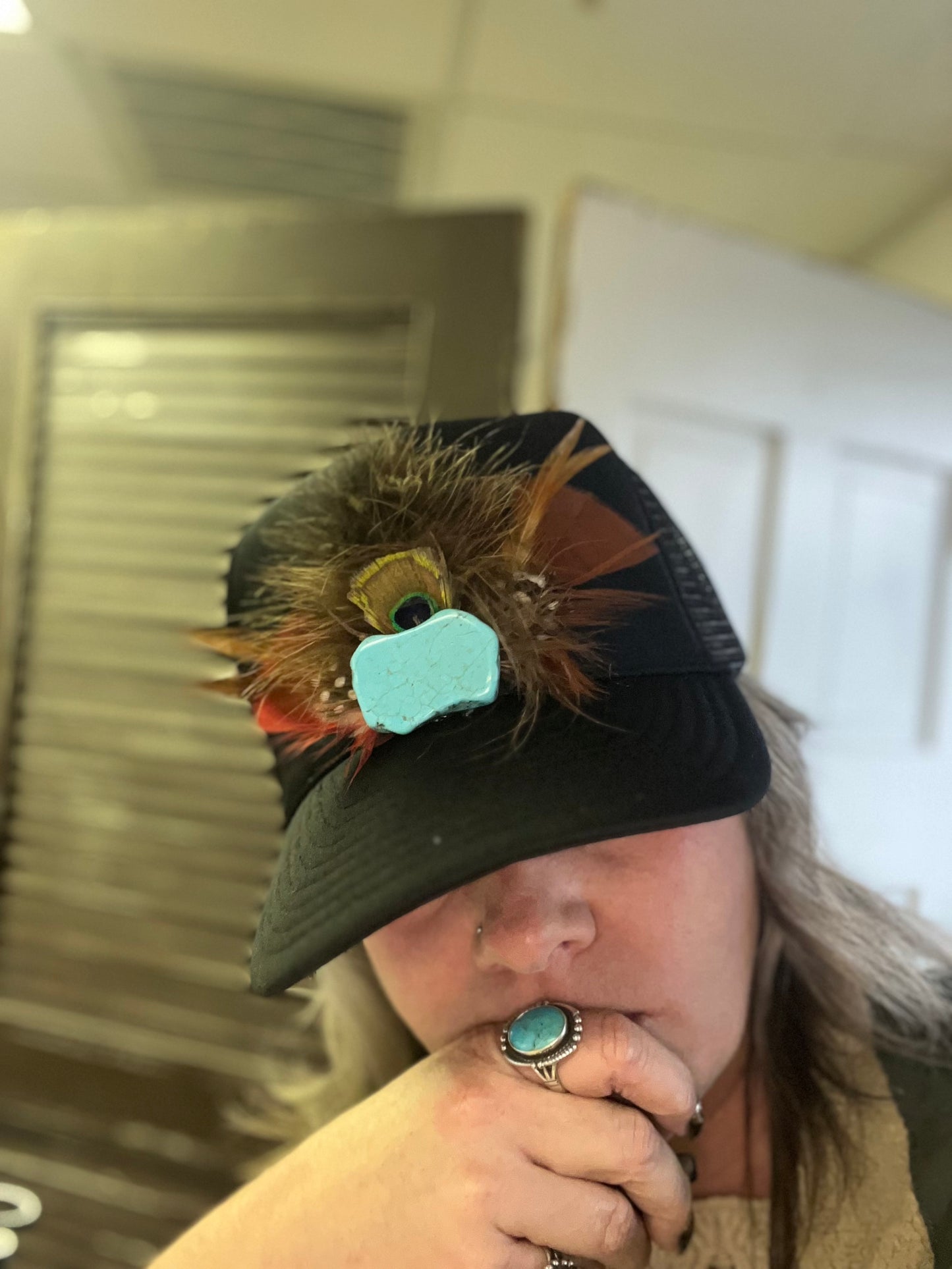 Black Trucker Hat with Turquoise Stone