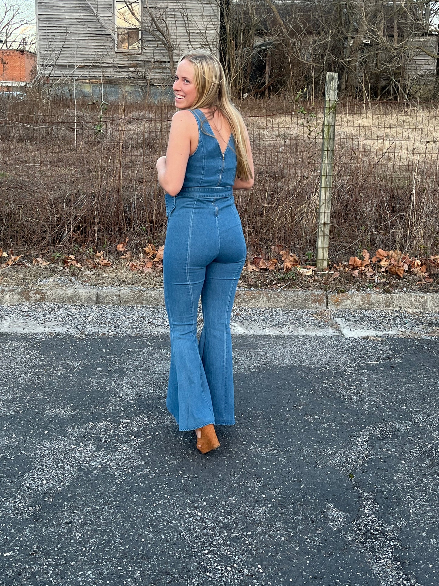 Deep V neck Denim Jumpsuit