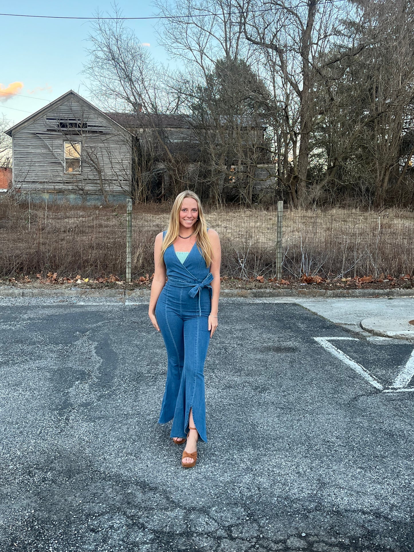 Deep V neck Denim Jumpsuit