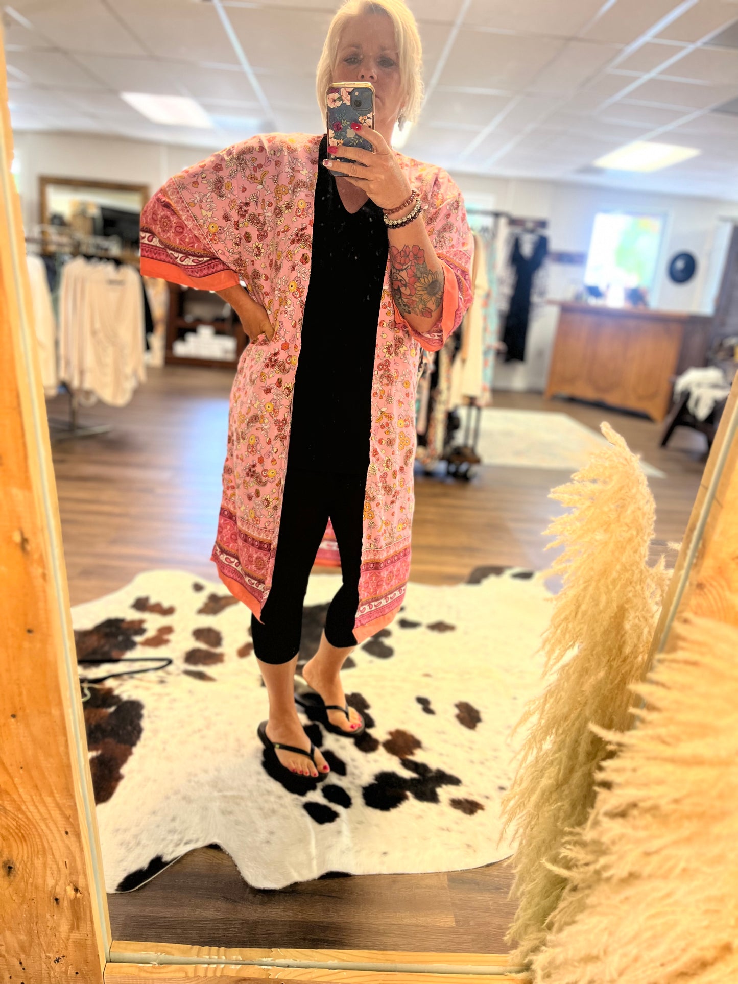 Pink and Yellow Floral Print Duster