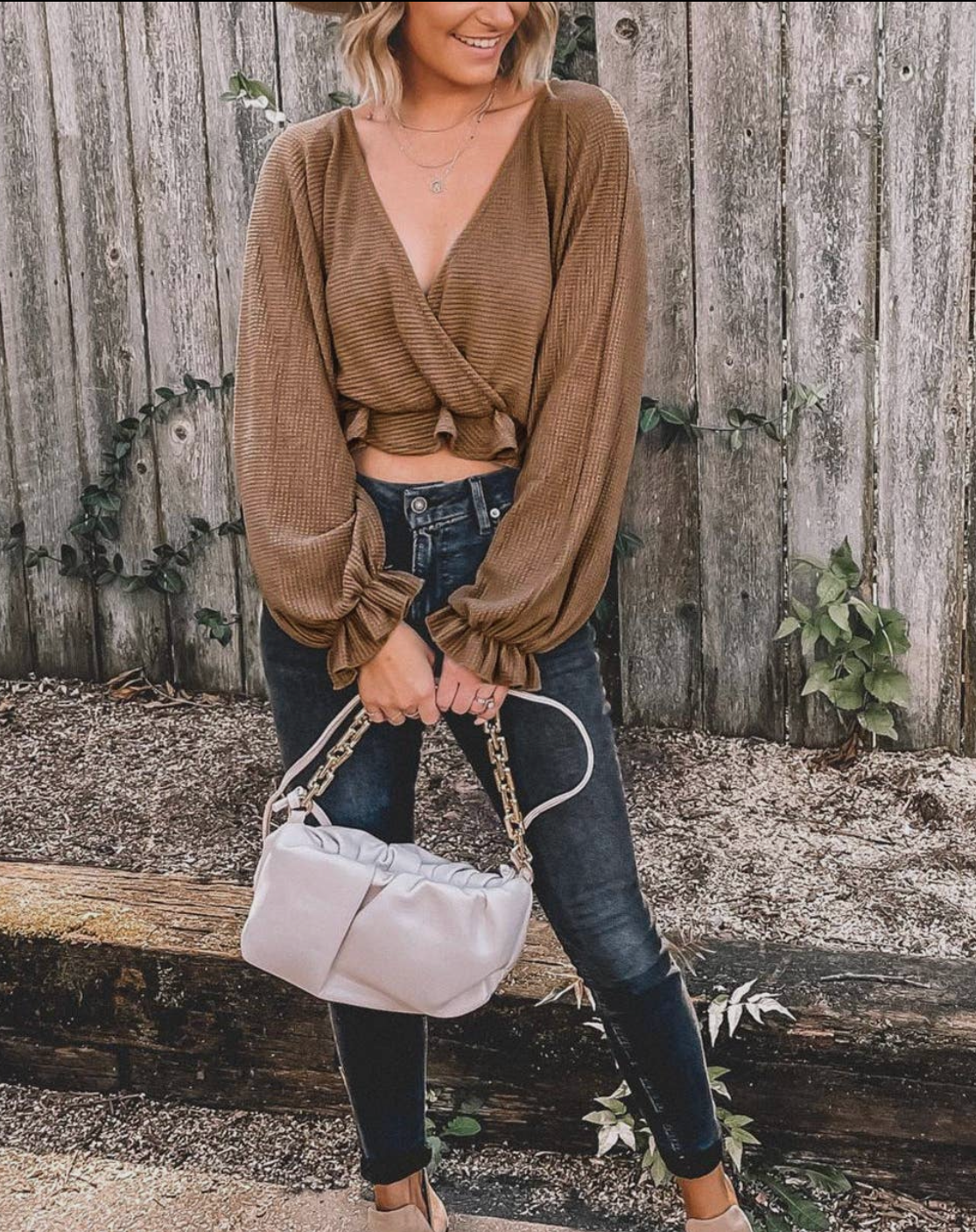 Brown Waffle Knit Crop Blouse
