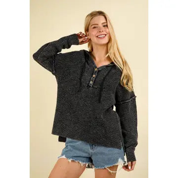 Mineral Washed Button Down Sweater Hooded Top