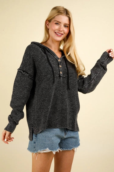 Mineral Washed Button Down Sweater Hooded Top