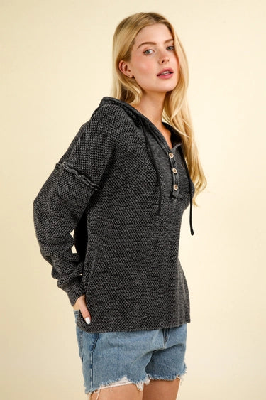 Mineral Washed Button Down Sweater Hooded Top