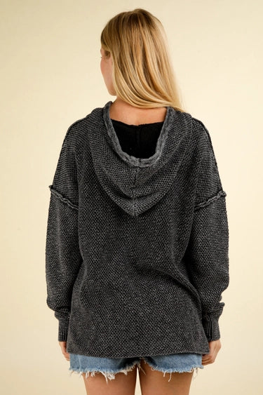 Mineral Washed Button Down Sweater Hooded Top