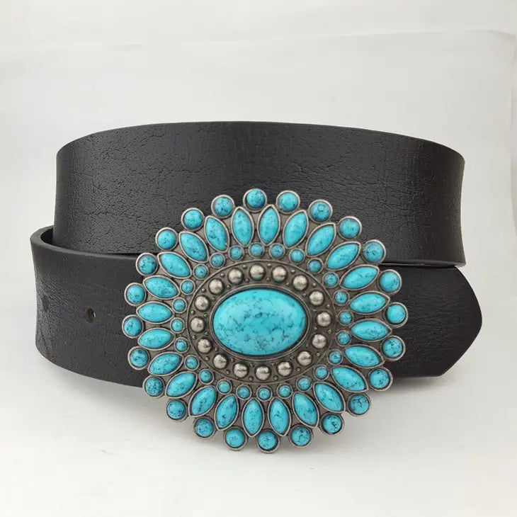 Genuine Leather Belt with Turquoise stone Buckle