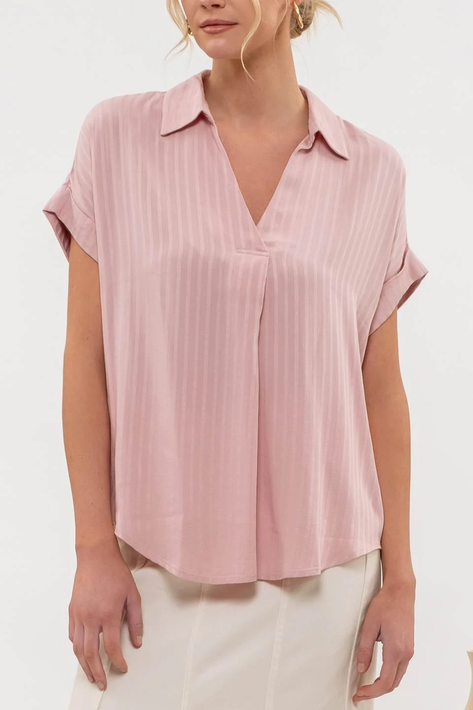 Blue Pepper Striped Collared Top in blush pink