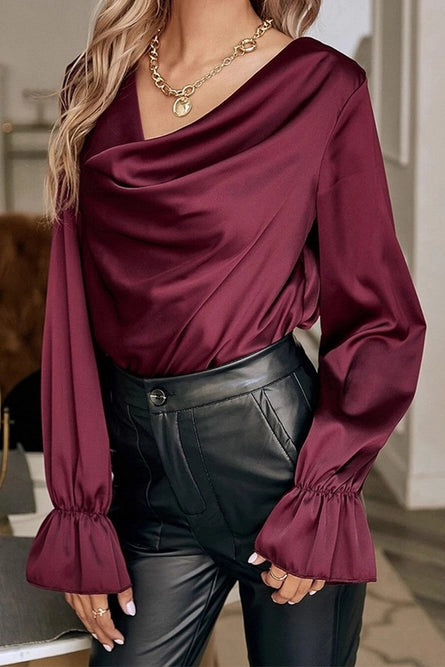 Round Neck Satin Long Sleeve Cowl Detail Blouse