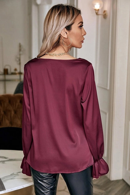 Round Neck Satin Long Sleeve Cowl Detail Blouse