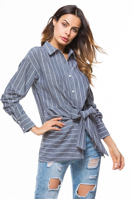 Button Down Cable Long Sleeve Striped Shirt