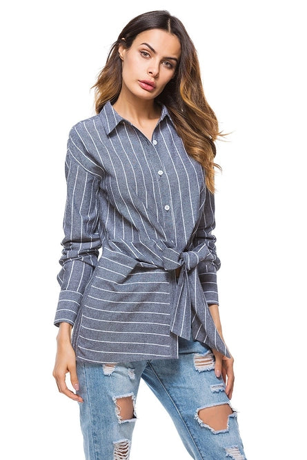 Button Down Cable Long Sleeve Striped Shirt