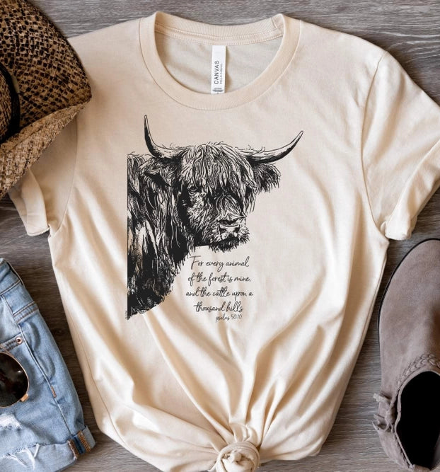 Highlander Cow Graphic Tee with Psalm 50:10