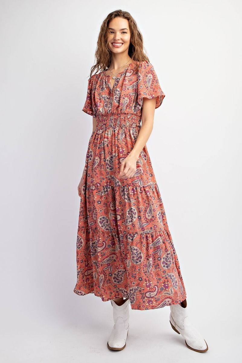 MAUVE PAISLEY CREPE TIERED MAXI DRESS