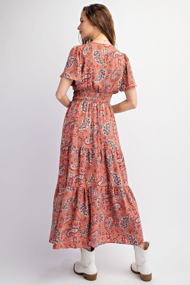 MAUVE PAISLEY CREPE TIERED MAXI DRESS