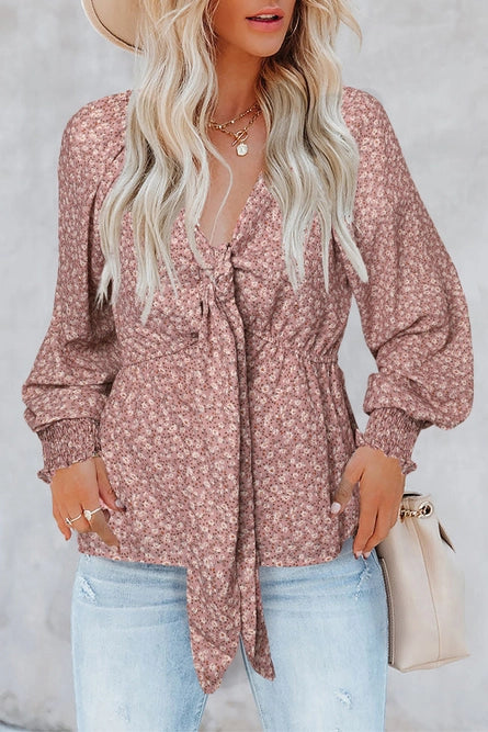Pink Boho Floral Print Front Tie Ruffled Long Sleeve Blouse
