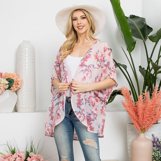 Pink Floral Print Kimono