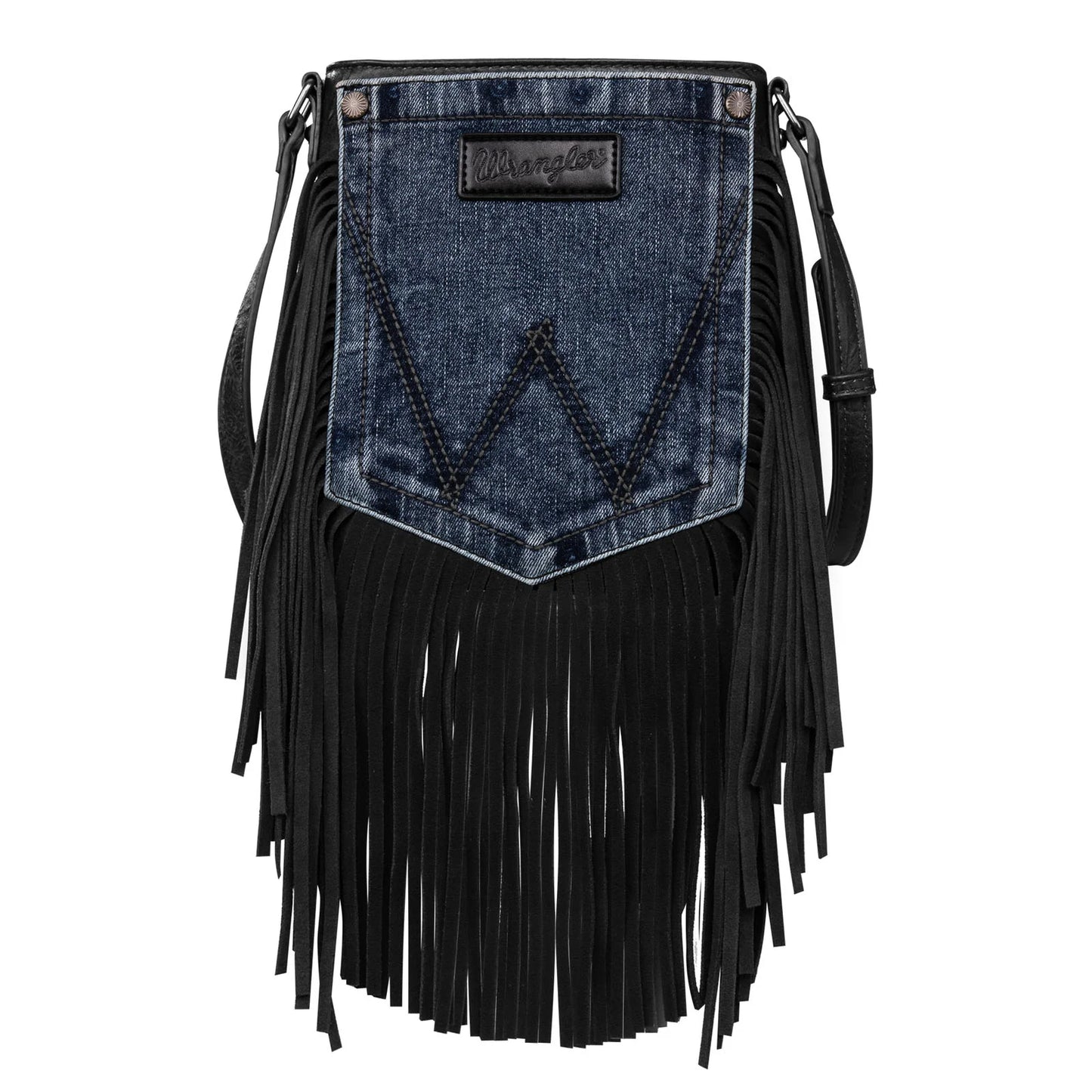 Wrangler Leather Fringe Jean Denim Pocket Crossbody