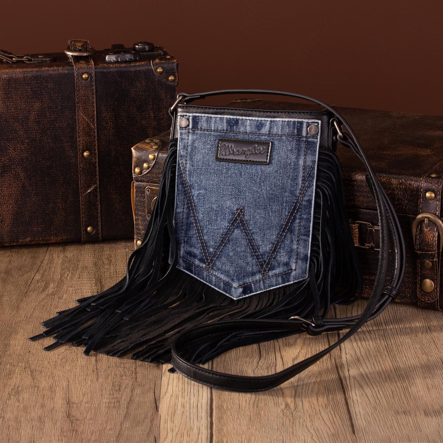 Wrangler Leather Fringe Jean Denim Pocket Crossbody